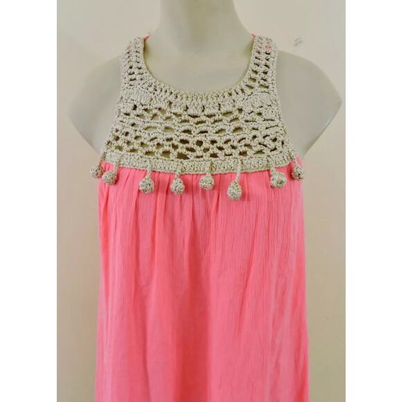 LILLY PULITZER RACHELLE XS Pink Sun Ray Gold Crochet Pom Pom Lined Dress EXC - Picture 3 of 7
